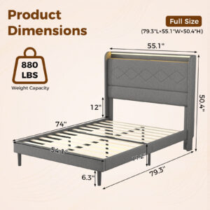 A Double Bed Frame With Adjustable Headboard, Equipped With 3 USB Charging Ports, LED Light Strips And Bluetooth Controller