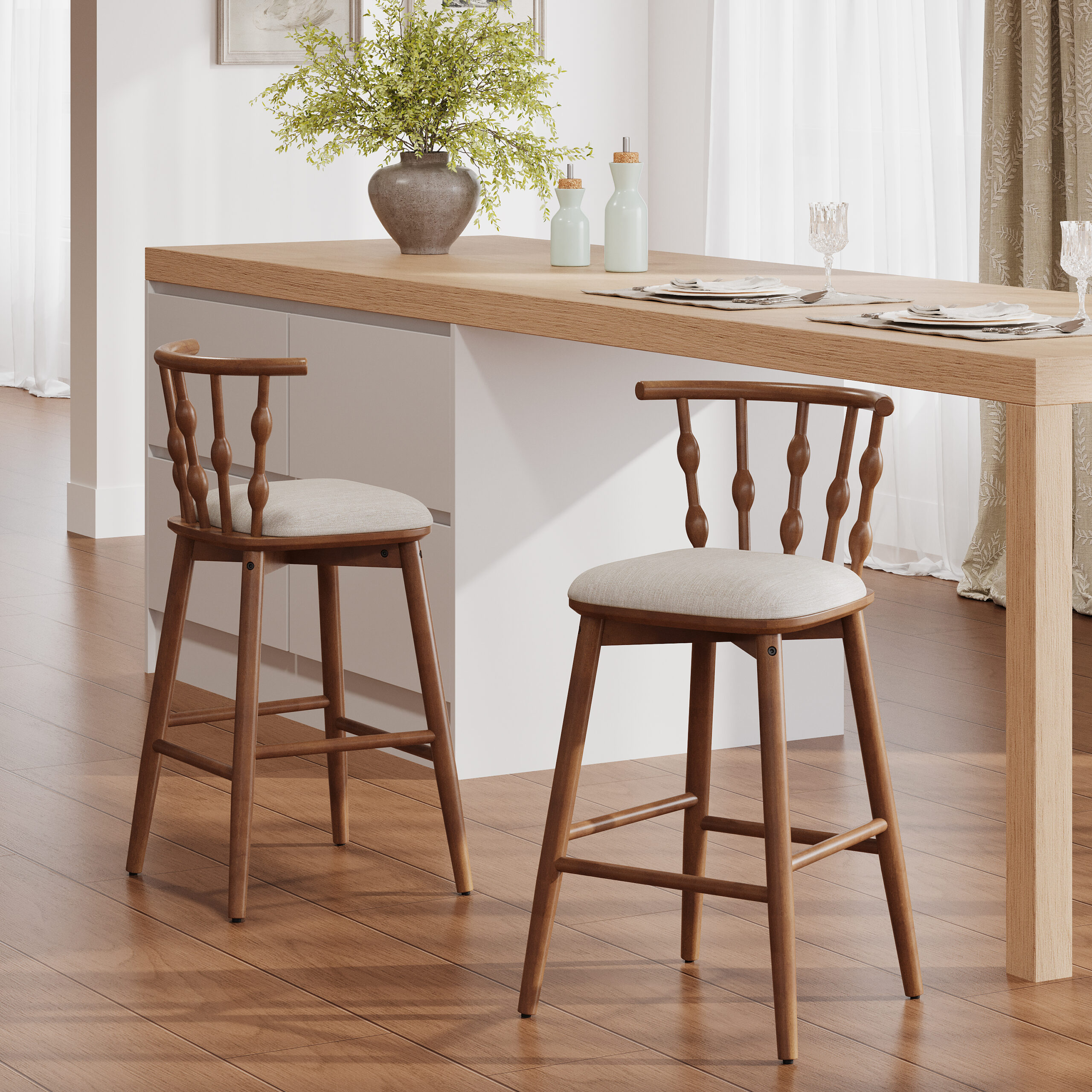Doria Indoor Wooden Barstool Walnut Finish With Beige Upholstery Set Of 2 - Image 3