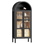Modern Farmhouse Arched Cabinet With Glass Doors,72 Tall Auto Sensor Light Arch Storage Cabinet With Height Adjustable Shelf And 2 Drawers Display Bookshelf In Black Oak Wood Grain