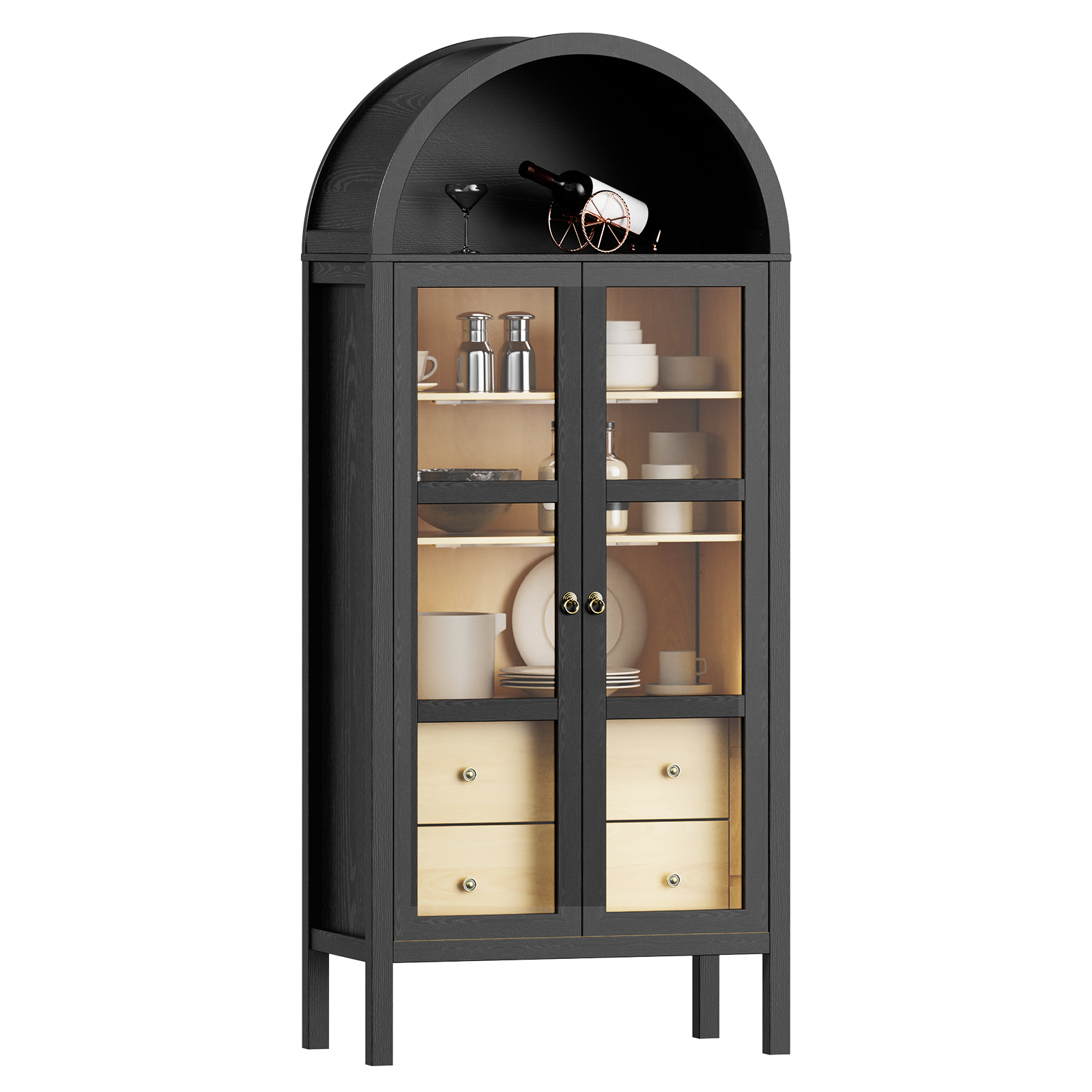 Modern Farmhouse Arched Cabinet With Glass Doors,72 Tall Auto Sensor Light Arch Storage Cabinet With Height Adjustable Shelf And 2 Drawers Display Bookshelf In Black Oak Wood Grain