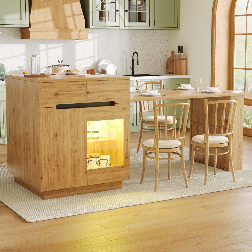 Kitchen Island With Extendable Table, Multifunctional Kitchen Storage Cabinet With LED Lighting App Control , Oak Effect, Glass Door, For Kitchen & Dining Room