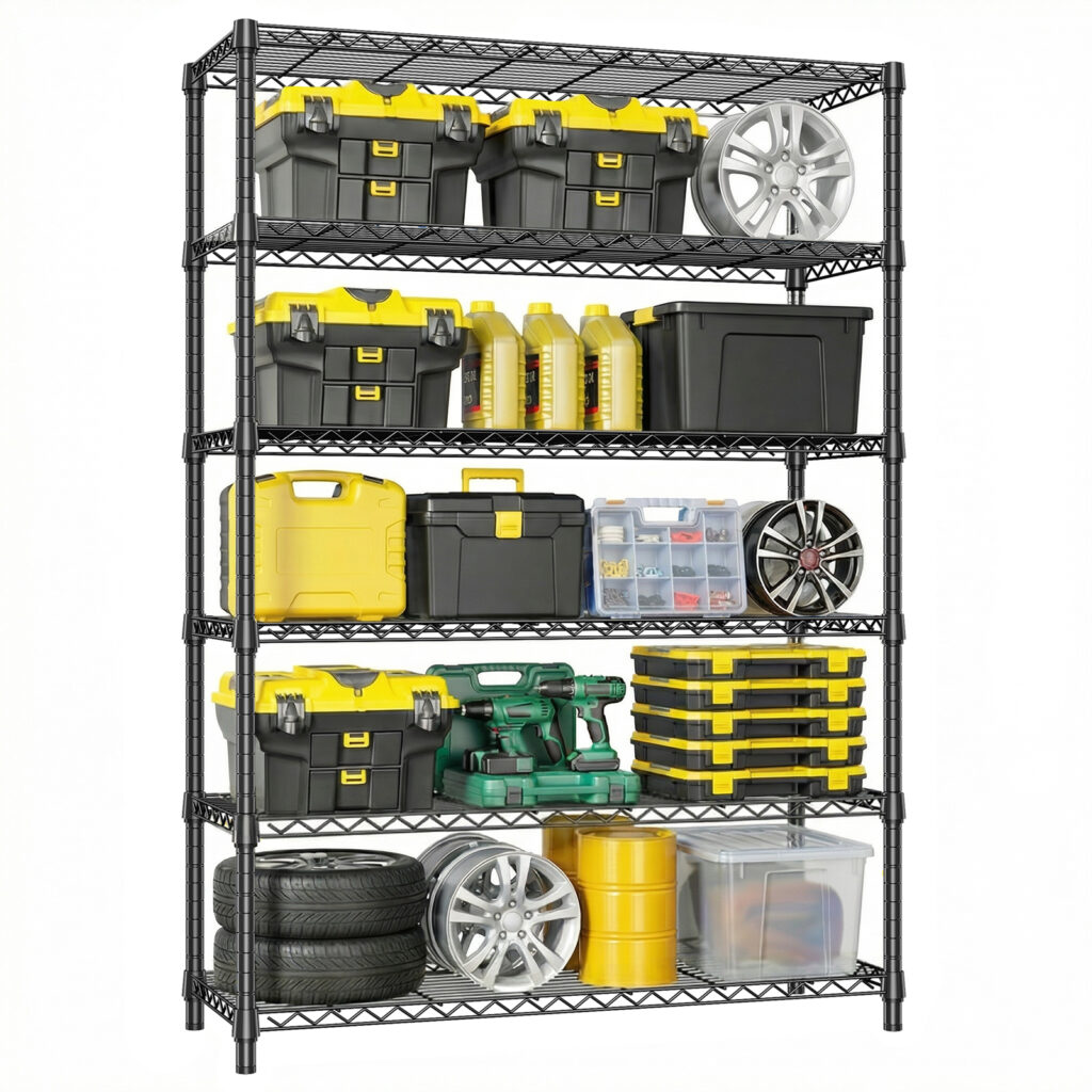 6 Tiers Storage Shelves Load 2100LBS, Metal Shelving Wire Metal Shelving Unit Shelves For Storage Adjustable Garage Shelving For Pantry Kitchen Garage Black 17.7 D X 47.3 W X 82.4 H