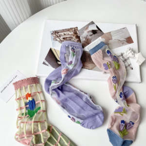 Breathable Garden Party Flower Socks Academic Sweet Glass Socks For Women