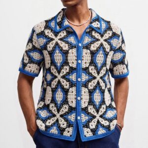 Geometric Jacquard Hollow-Out Knitted Polo Shirt