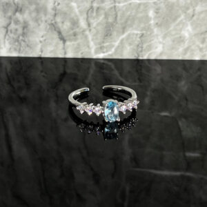 Ocean Blue Zircon Open Ring, Delicate Clear Diamond Inlay, Elegant Skin-friendly, Minimalist Cold Chic Women Jewelry