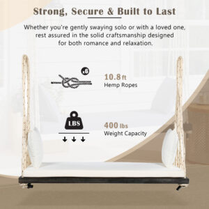 TOPMAx Patio Wooden Swing Chair Hanging Porch Swing Bench With Cushion&Pillows 10.8Ft Hemp Ropes For Garden Lawn Brown