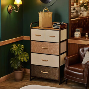 5-Drawer Fabric Dresser Tower, 4-Tier Storage Organizer With Steel Frame Drawers Can Be Folded Topping Design Included For Hallway, Bedroom, And Closet