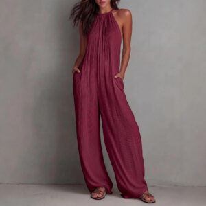 Resort-style White Pleated Open-back Wide-leg Jumpsuit