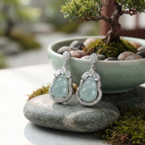 925 Sterling Silver Exquisite Jadeite Laughing Buddha Drop Earrings with Shimmering Stone Halos