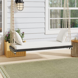 TOPMAx Patio Wooden Swing Chair Hanging Porch Swing Bench With Cushion&Pillows 10.8Ft Hemp Ropes For Garden Lawn Brown