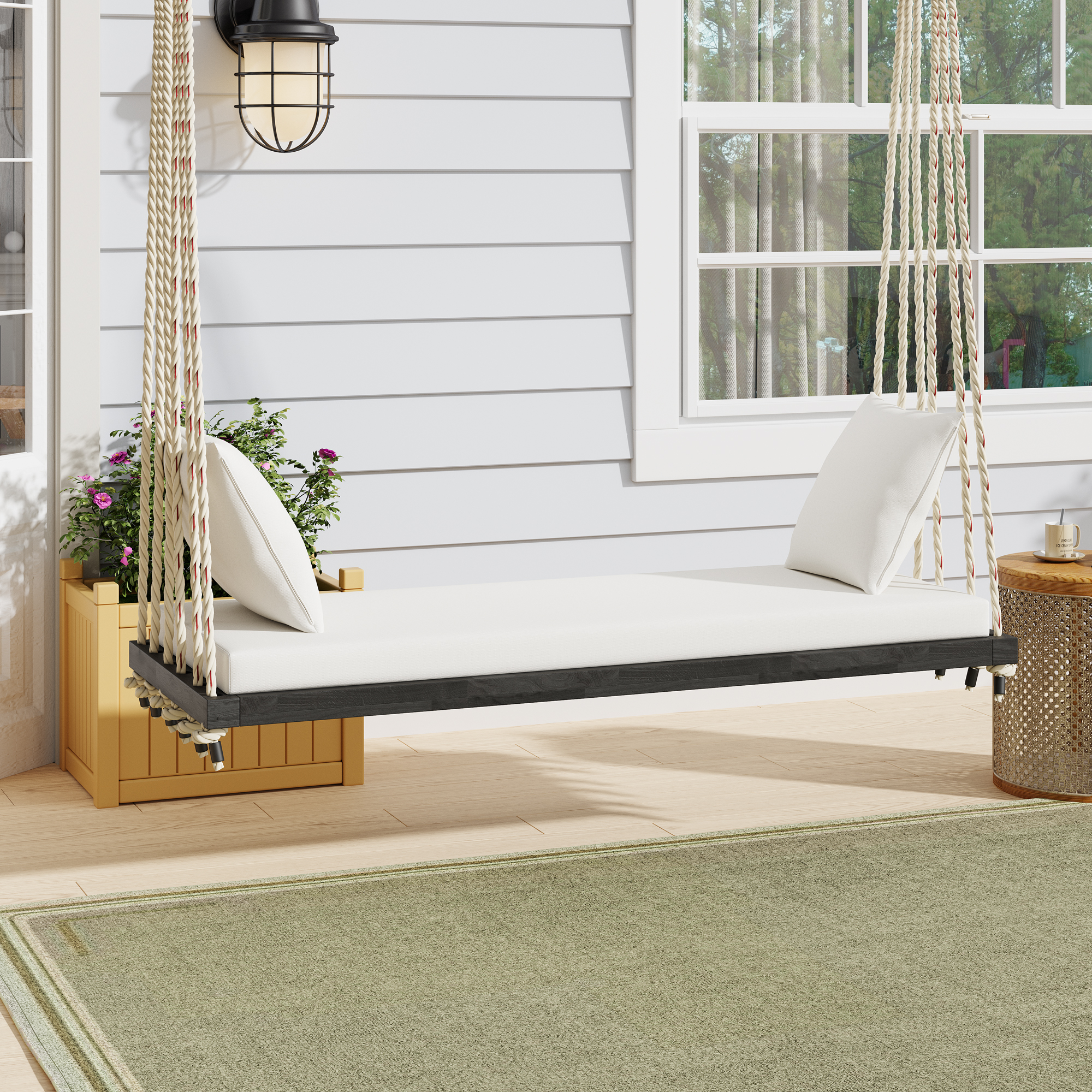 TOPMAx Patio Wooden Swing Chair Hanging Porch Swing Bench With Cushion&Pillows 10.8Ft Hemp Ropes For Garden Lawn Brown - Image 2