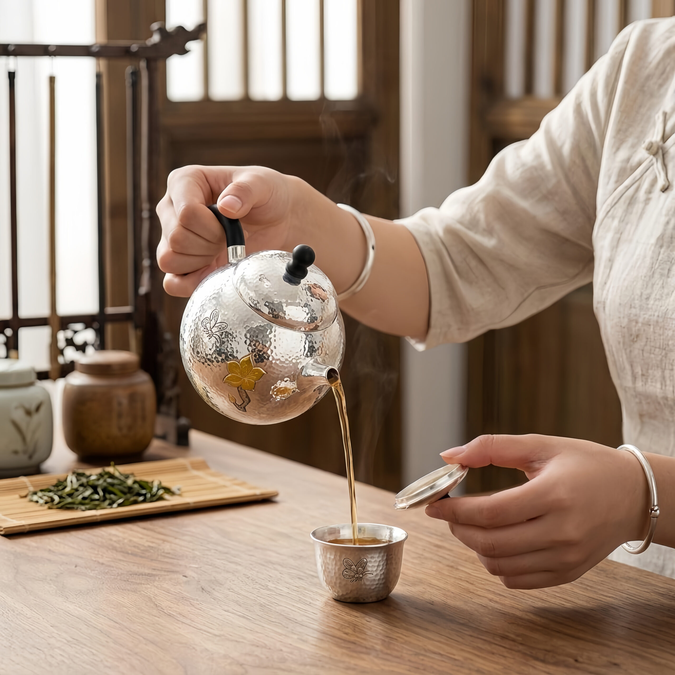 925 Sterling Silver Hammered Silver Teapot Featuring Butterfly and Floral Embellishments – Handicraft