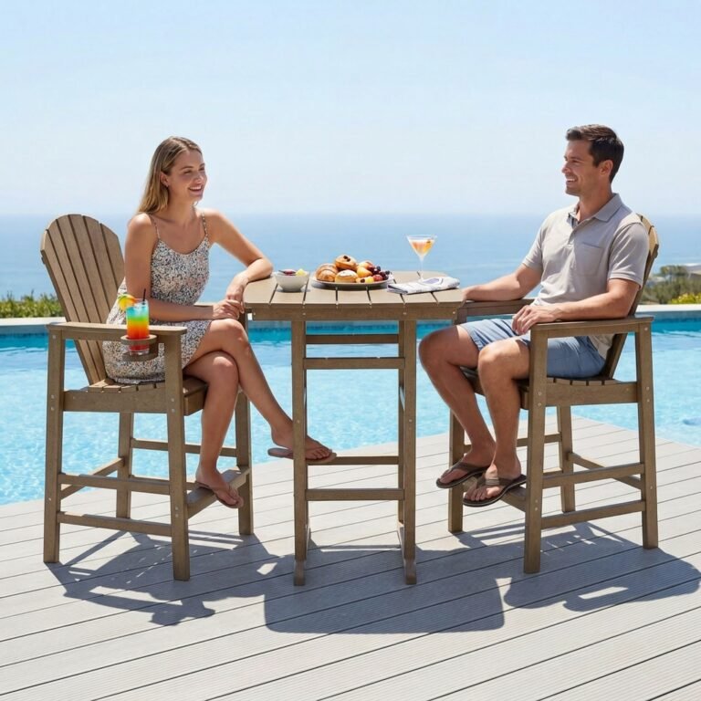 3-Piece HDPE Bar-Height Patio Bistro Set, Square High Top Pub Table 2 Bar Chairs, All-Weather Outdoor Dining Set, Antique Oak