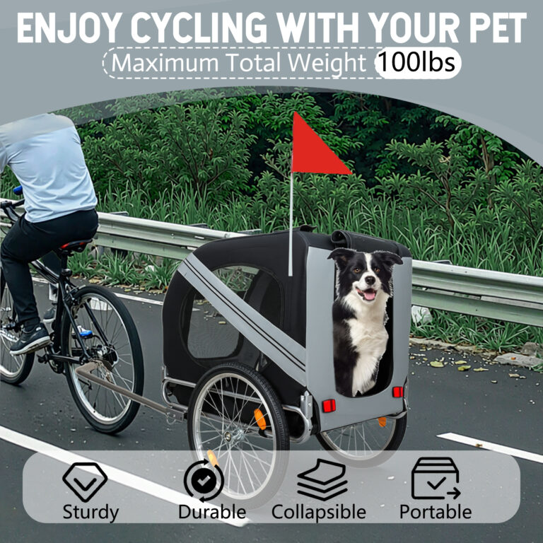 Large Folding Bike Trailer For Dogs - 100LB Capacity All-Terrain Pet Carrier, Durable Steel Frame For Cycling, Jogging, Camping & Outdoor Adventures, Black- Grey