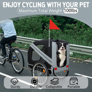 Large Folding Bike Trailer For Dogs – 100LB Capacity All-Terrain Pet Carrier, Durable Steel Frame For Cycling, Jogging, Camping & Outdoor Adventures, Black- Grey