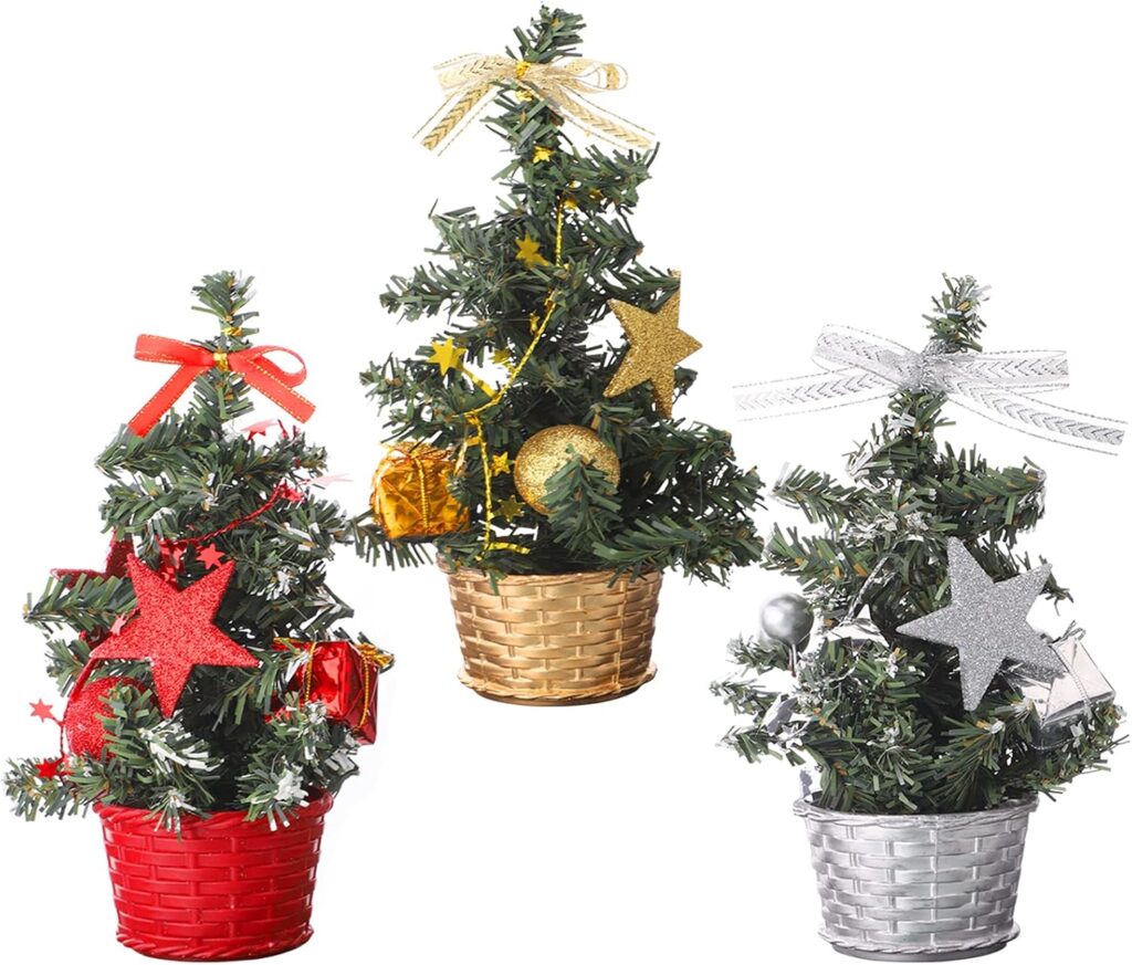 Small Christmas Tree With Decorations Set - Artificial Tabletop Christmas Tree For Desk Display, Festive Christmas Tree Ornament Pack Of 3 Mini Small Christmas Trees For Table