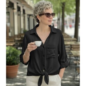 Solid-color Buttoned V-neck Casual Versatile Lace-up Shirt