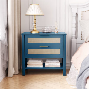 Rattan Nightstand With 2 Drawers And Storage Shelf Boho Bedside Narrow Side Table For Bedroom