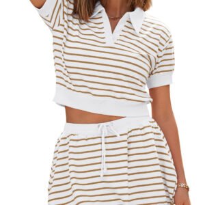 Fisoew Womens Striped 2 Piece Outfits Skort Set Short Sleeves Shirts Bubble Mini Skirt Sets Matching Sets