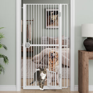 61 Extra Tall Cat Gate For Doorway , Adjustable Wide 34.3 -36.7 And Included 4.13 Extension Kits, Suitable For Doorways Or Kitchen, No Drilling Pressure Mount Kit, White