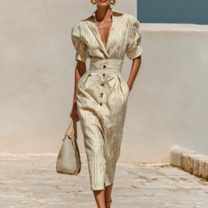 Commuter-style Striped Lace-up Dress