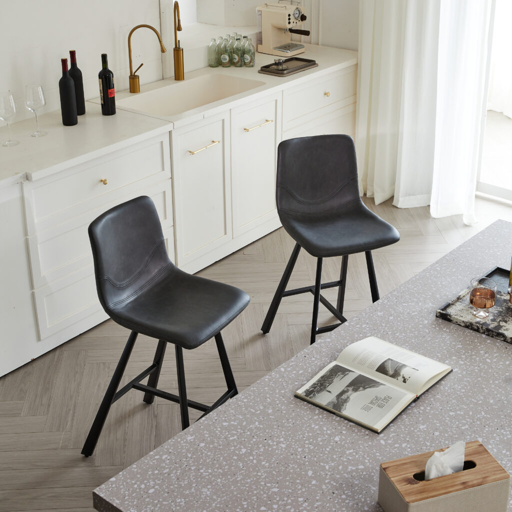 Modern Black Faux Leather Bar Stool With Ergonomic Backrest & Footrest - Sturdy Metal Frame Counter Height Seating For Kitchen Island Home Pub & Restaurant 2 Sets