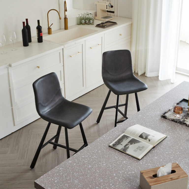 Modern Black Faux Leather Bar Stool With Ergonomic Backrest & Footrest – Sturdy Metal Frame Counter Height Seating For Kitchen Island Home Pub & Restaurant 2 Sets