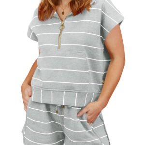 Fisoew Women Summer 2 Piece Outfits Striped Short Sleeve Zipper Shirts Casual Shorts Loose Lounge Short Sets