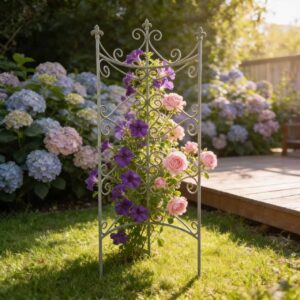 Sungmor 25.6 By 67.72 Iron Garden Fence, Pretty Vintage Green Rustic Style Decorative Fence Pannels, Outdoor Yard Landscape Pathway Border Panels Anti Animal Flowers Plants Barrier Climbing Trellis