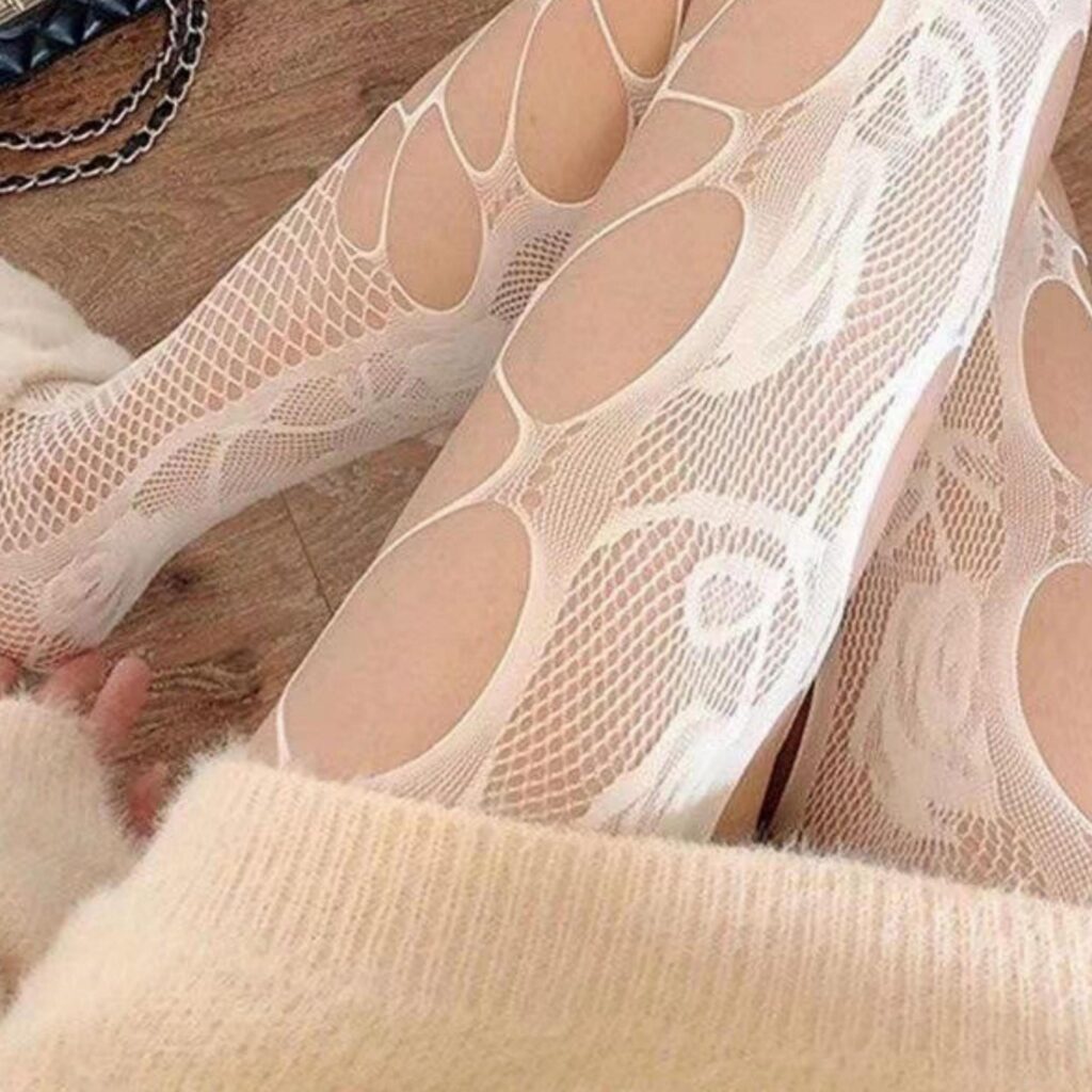 Women's Side-cutout Fishnet Stockings, Summer Sweet And Cool Hot Girl Style, White Silk Base Stockings, Internet Celebrity Sexy Trendy Pantyhose