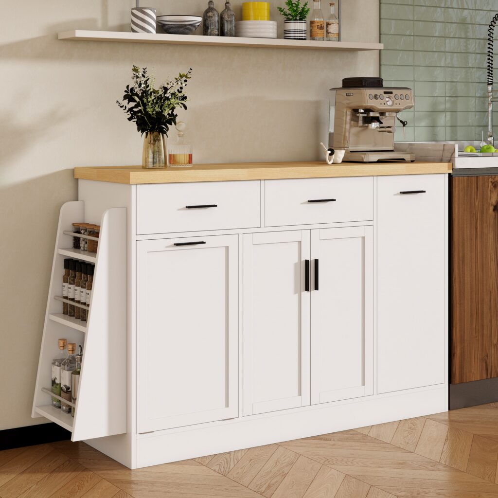 TREXM Multi-Functional Storage Sideboard Trash Can Storage Sliding Door Cabinet & 3-Tier Spice Rack Kitchen Island Table For Kitchen Dining Room White