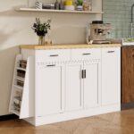 TREXM Multi-Functional Storage Sideboard Trash Can Storage Sliding Door Cabinet & 3-Tier Spice Rack Kitchen Island Table For Kitchen Dining Room White