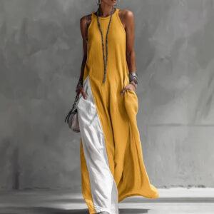 Sleeveless Loose Contrast Color Casual Off Shoulder Dress With Pockets