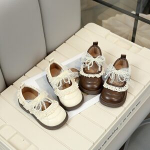 Girls' Fashion Lace Edge Single Shoes, Bow Princess Shoes, Children's Fashion Small Leather Shoes