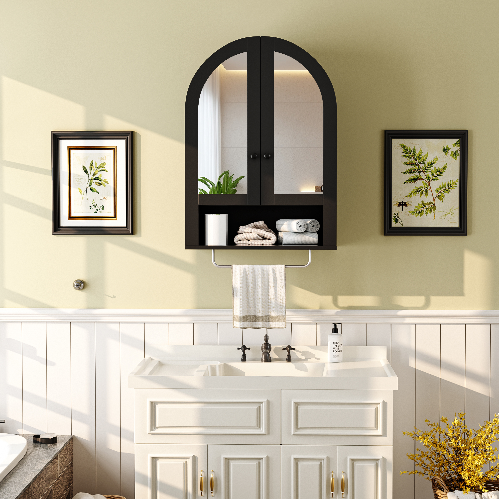 Wall Mounted Arched Cabinet With Mirrored Doors And Adjustable Shelves For Laundry Room, Bathroom, Kitchen