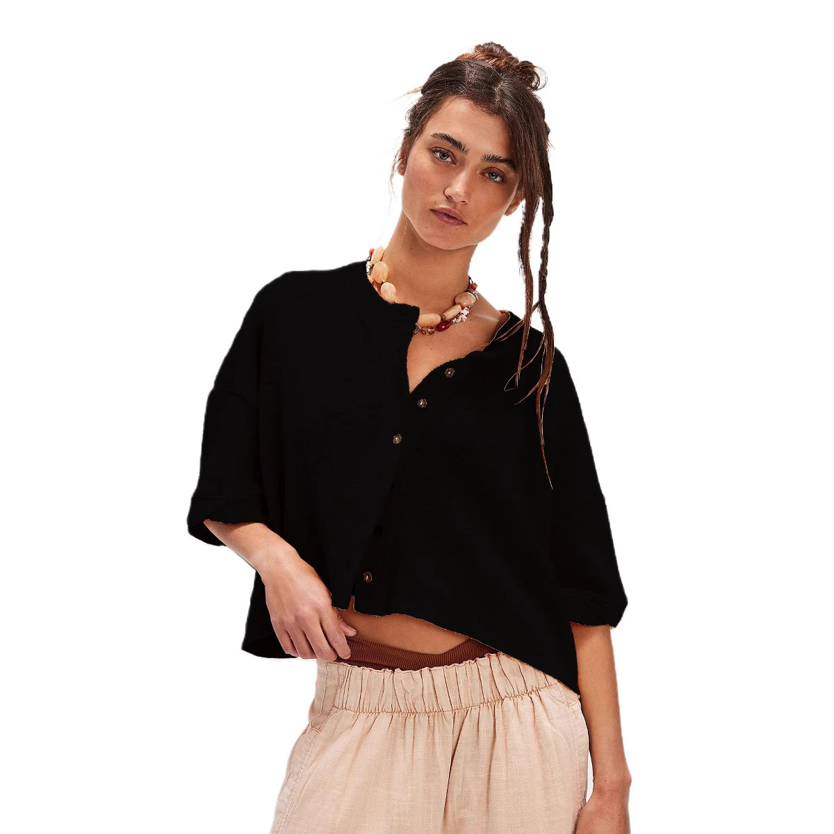 Linen Cardigan Button-up Top Three-quarter Sleeves Solid Color Womens Clothing