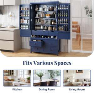 Assembly&Show Video Available TOPMAx Freestanding Large Kitchen Pantry Wooden Kitchen Storage Cabinet Cupboard With 8 Door Shelves 3 Adjustable Shelves 7 Drawers& 8 Wine Racks Blue