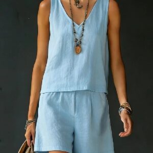 Sleeveless Linen Cotton Top Vest And Shorts Womens Solid Color Two-Piece Set