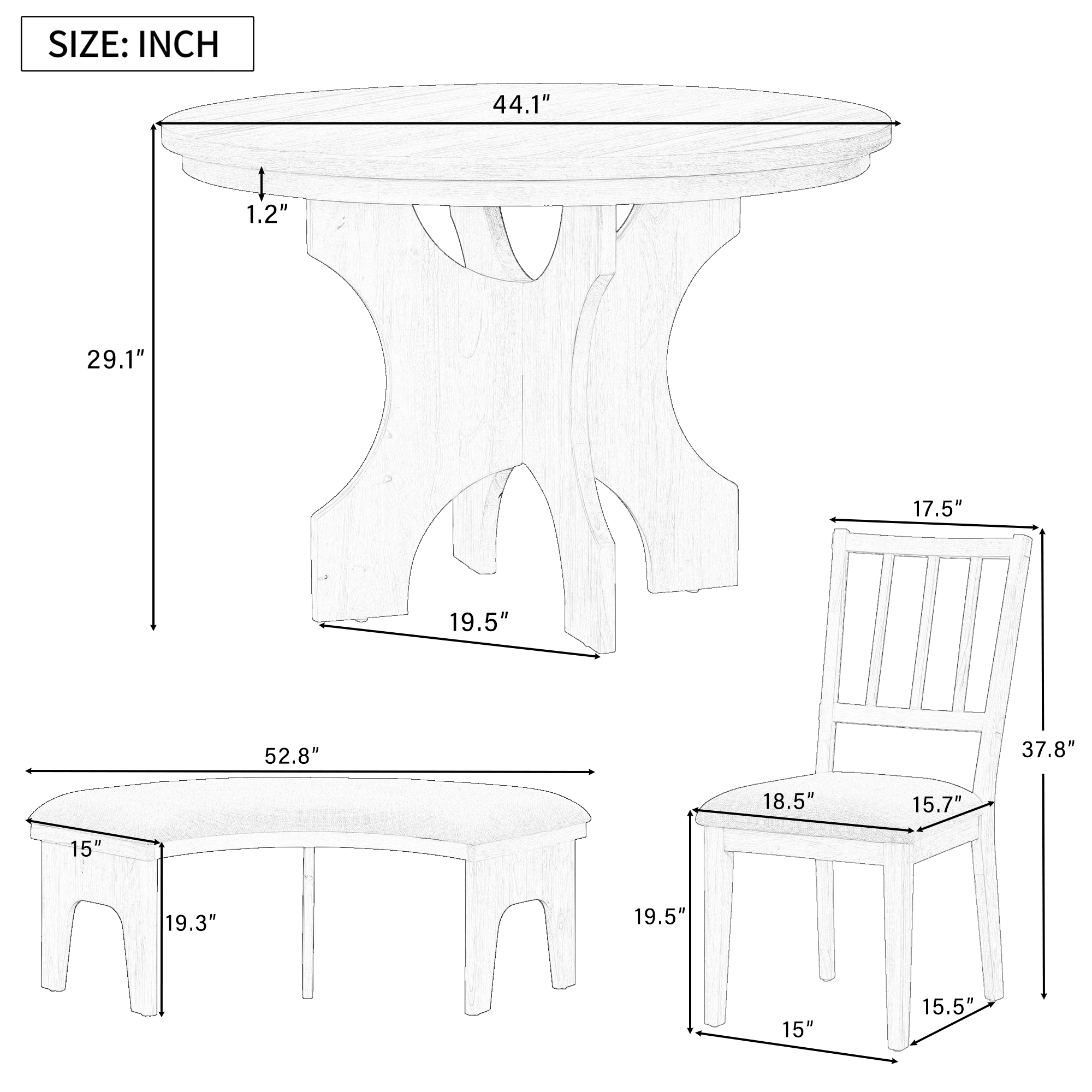 TREXM 5-piece Rustic Charm Round Dining Set With 3 Upholstered Chairs And Curved Bench For Dining Room Kitchen And Living Room Gray - Image 4