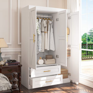 Shaker Style Classic Three-Door Wardrobe, Wood Bedroom Armoire With Hanging Rod And Shelves, Spacious Storage Closet, Modern Farmhouse Design