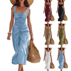 Elegant Cotton-Linen Resort-Style Dress With Wide Straps And Ruffled Hem