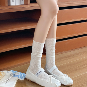 Summer Thin Solid-color Mesh Hollow-out Slouch Socks For Women, JK Retro Slim-fit Knee-high Niche Calf Ballet Knee-high Socks