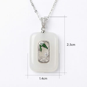 925 Sterling Silver Elegant White Jade Pendant Necklace with Green Bamboo Leaf Inlay and Silver Chain