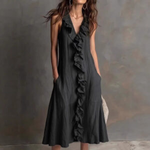 Solid-color Sleeveless Cotton-Linen V-Neck Maxi Dress With Ruffled Hem