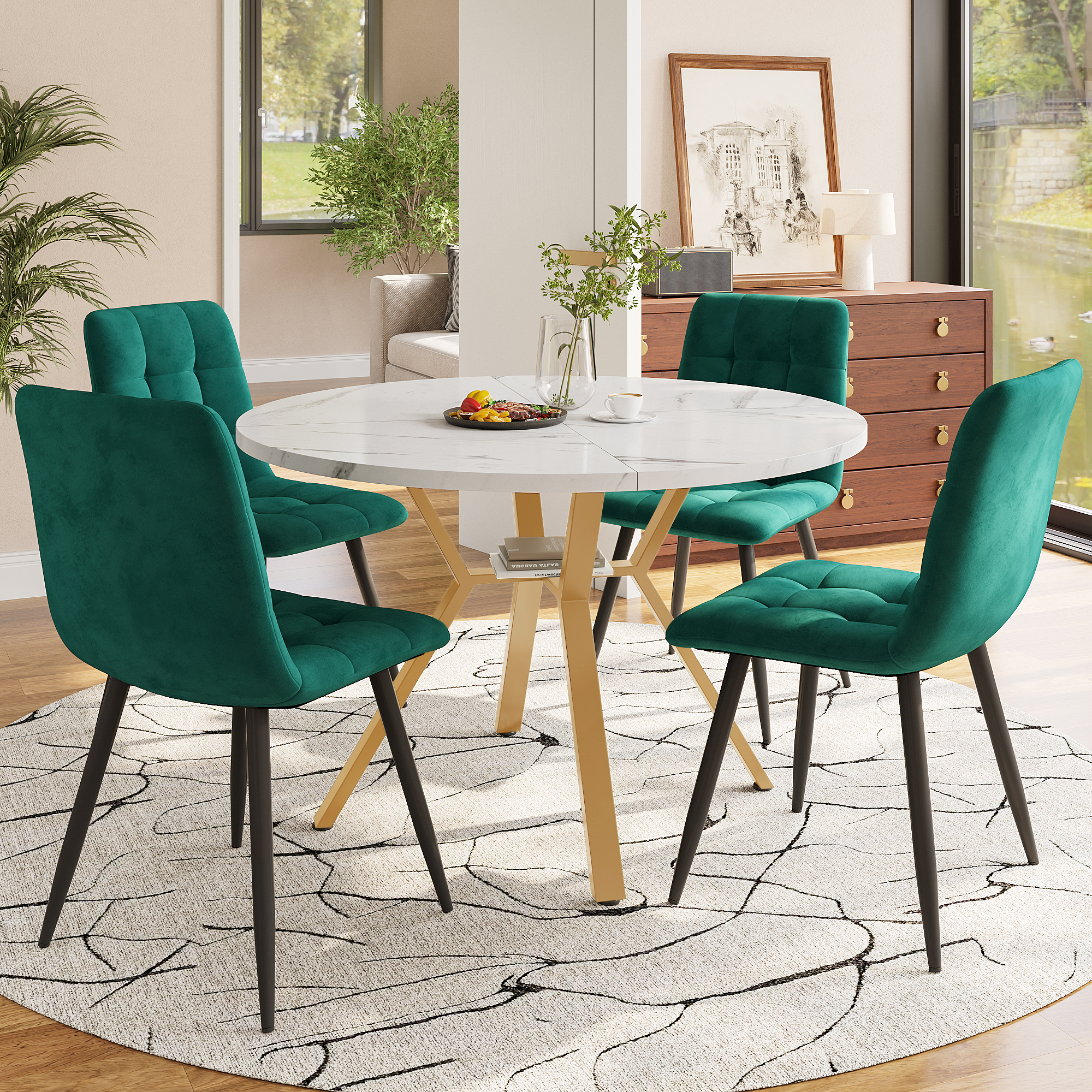 Dining Table Set, Dining Table And Chair Set 5-piece , Modern, Simple Round Marble Dining Table And Chair Set, Gold-coloured Metal Table Legs 4 Ergonomic Velvet Chairs, Green Dining Chairs - Image 3