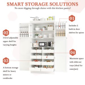 TOPMAx 35.5x17.6x70.9inch Freestanding Kitchen Pantry Cabinet Tall Storage Cabinet With 4 Doors 2 Door Shelves 8 Pull- Out Trays And Adjustable Shelf For Dining Room White