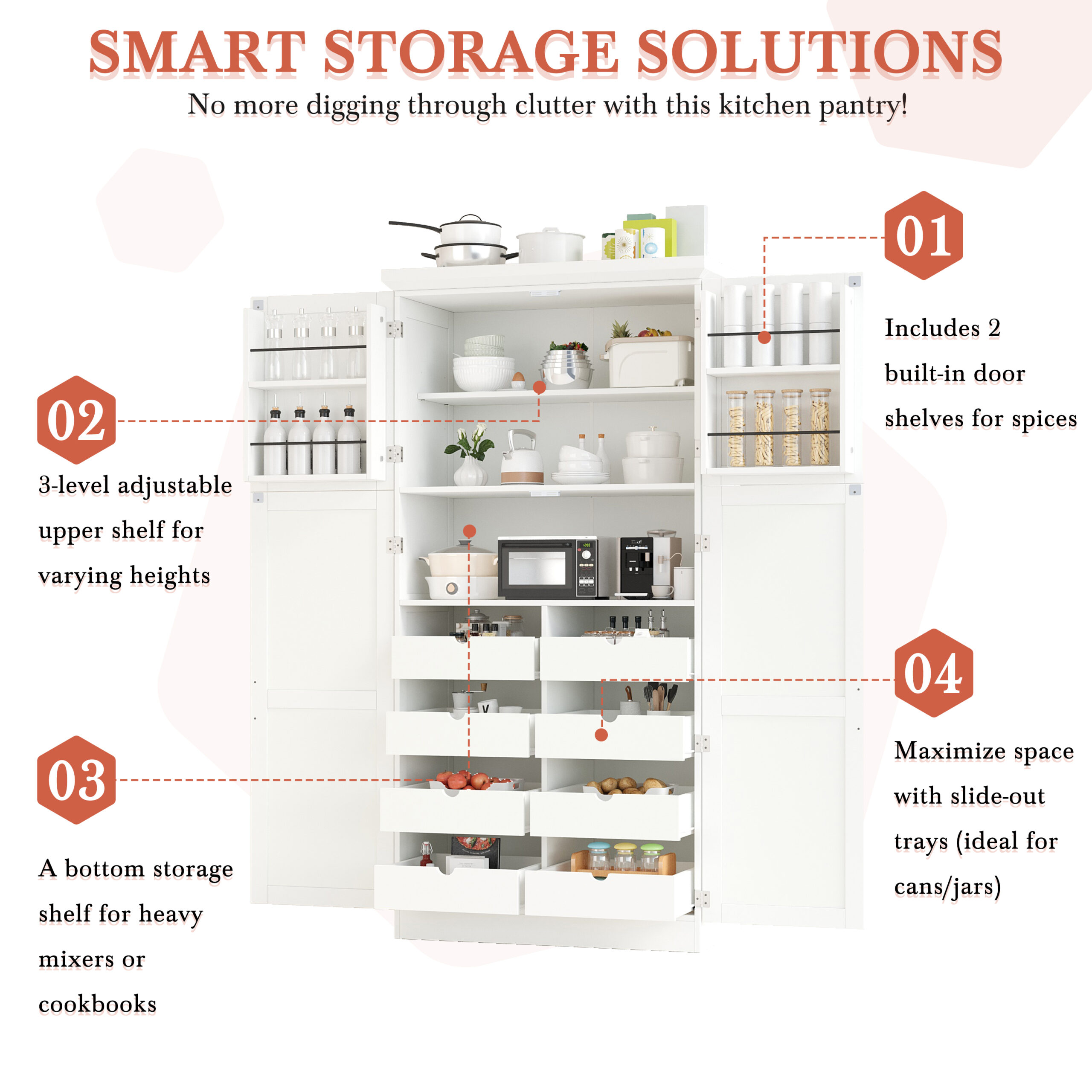 TOPMAx 35.5x17.6x70.9inch Freestanding Kitchen Pantry Cabinet Tall Storage Cabinet With 4 Doors 2 Door Shelves 8 Pull- Out Trays And Adjustable Shelf For Dining Room White - Image 3