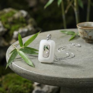 925 Sterling Silver Elegant White Jade Pendant Necklace with Green Bamboo Leaf Inlay and Silver Chain