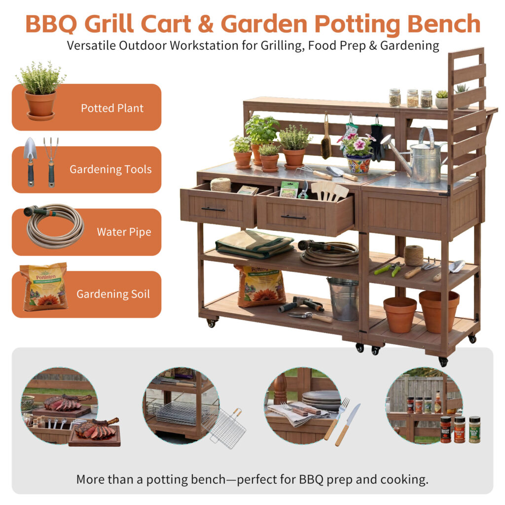 With Assembly Video TOPMAx 62.3 Patio Kitchen Island Solid Wood Kitchen Cart With Stainless Table Top Garden Potting Bench With Raised Shelf And Drawers Grill Prep Table For BBQ Party Brown