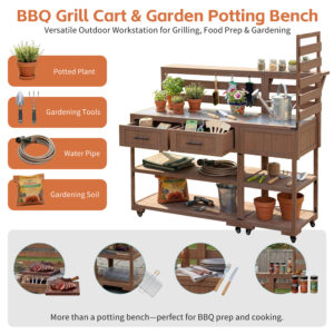 With Assembly Video TOPMAx 62.3 Patio Kitchen Island Solid Wood Kitchen Cart With Stainless Table Top Garden Potting Bench With Raised Shelf And Drawers Grill Prep Table For BBQ Party Brown